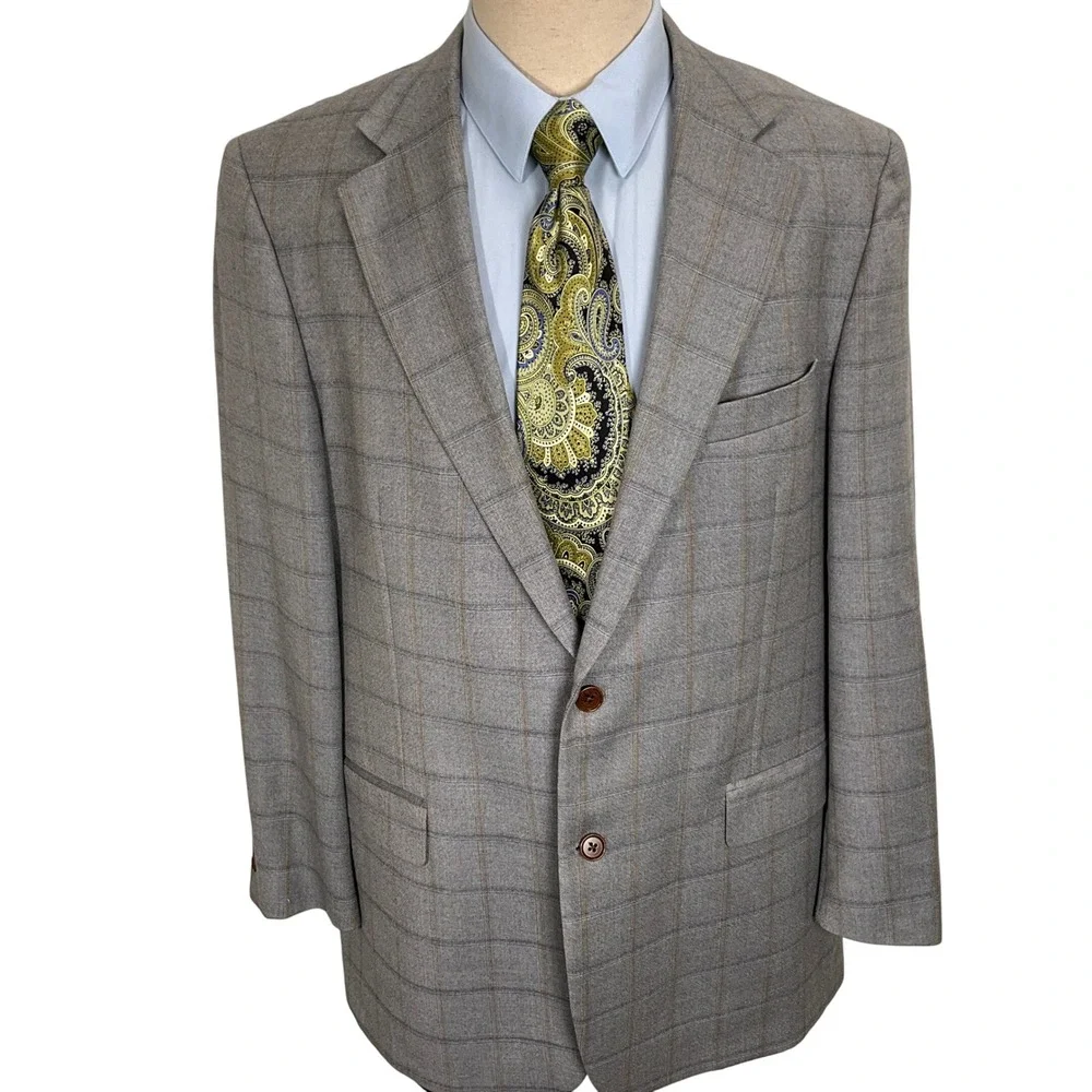 Brooks Brothers‎ 346 Blazer Mens 44L Gray Tan Windowpane Plaid Sport Coat Jacket